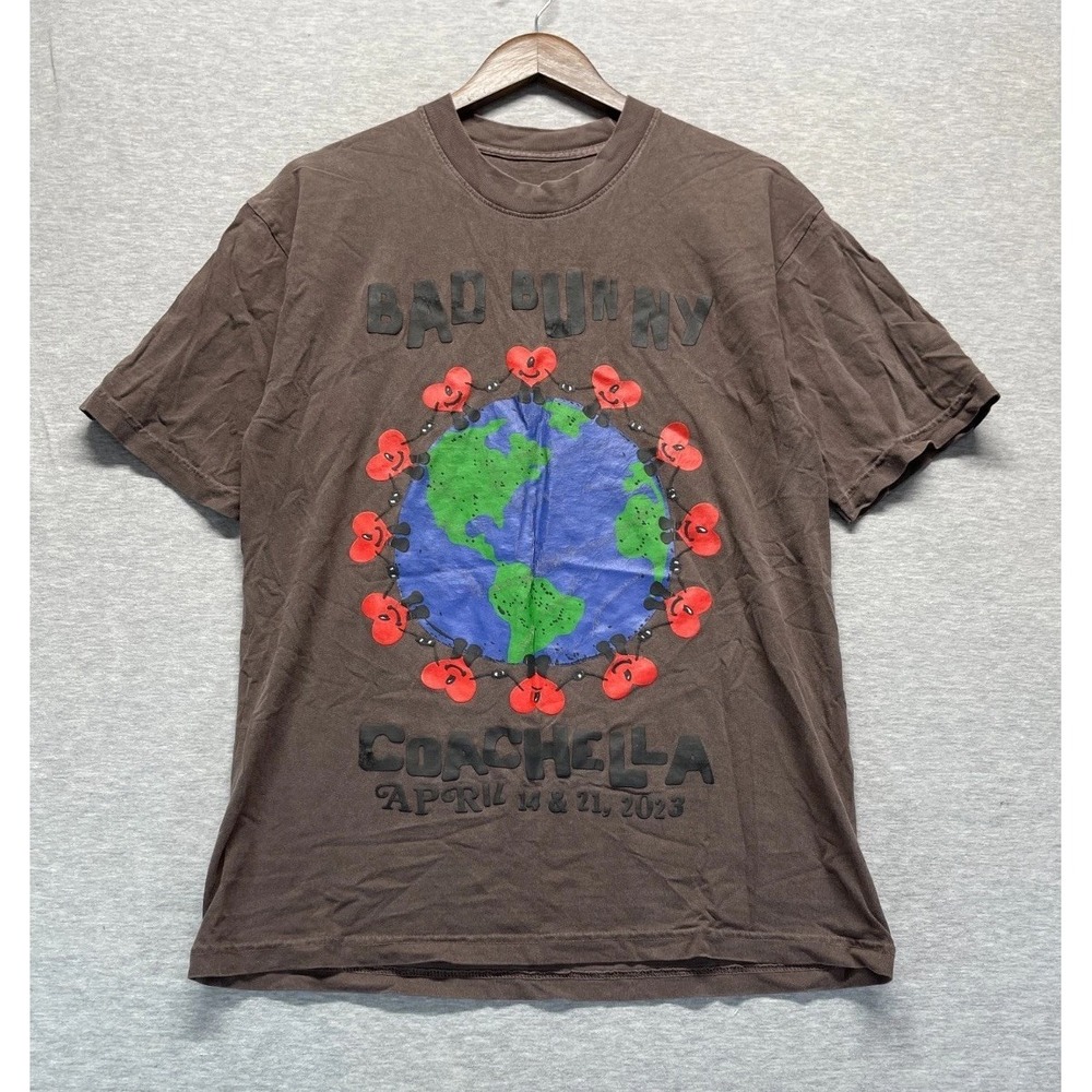 Bad Bunny Coachella 2023 Concert Tour Earth T Shirt Unisex Medium Brown Graphic